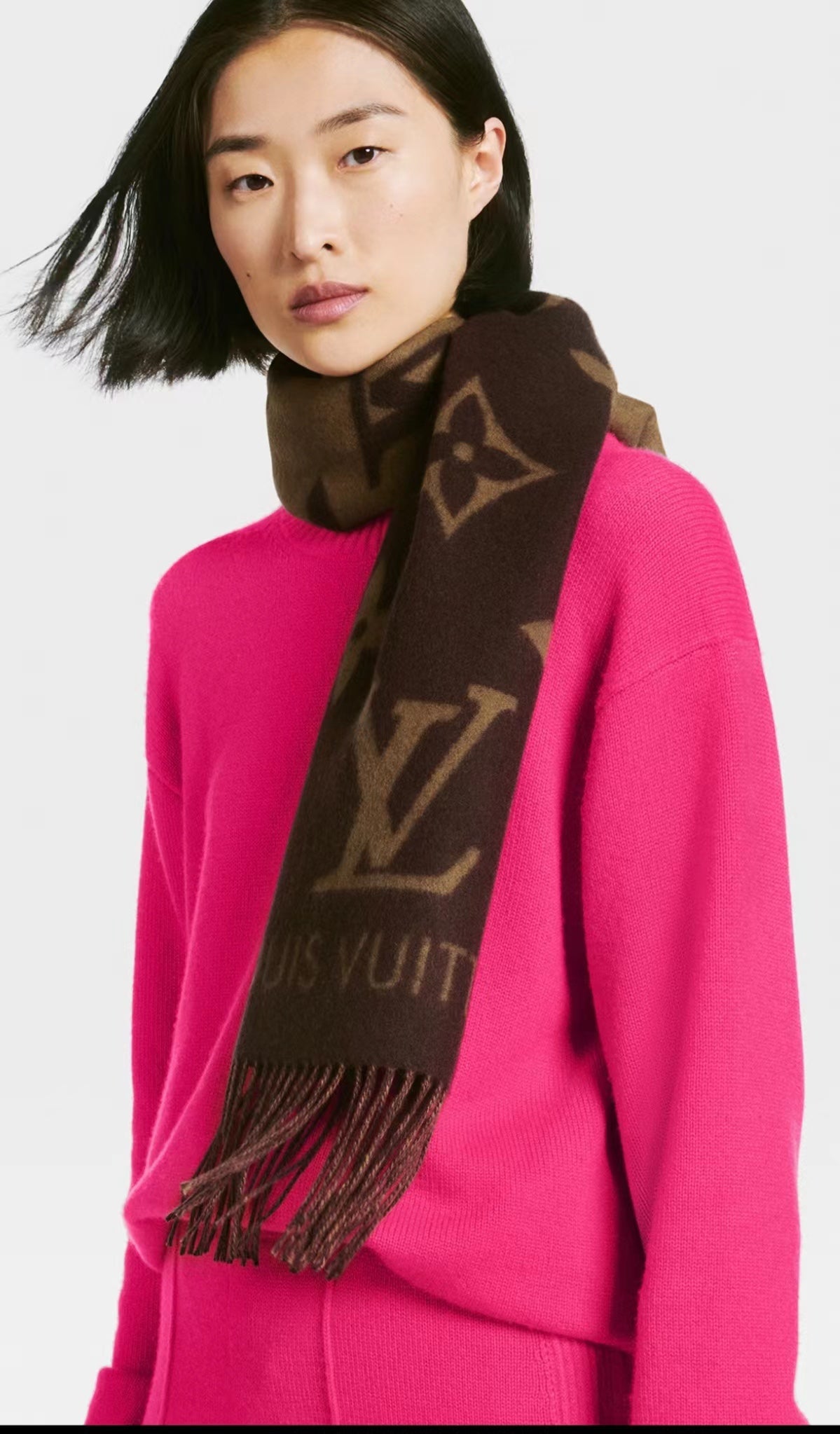 Louis Vuitton Monogram Scarf Brown and Tan, Luxury Wool and Cashmere Blend Winter Accessory for Women