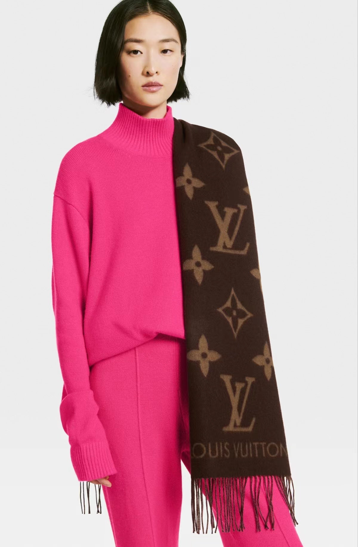 Louis Vuitton Monogram Scarf Brown and Tan, Luxury Wool and Cashmere Blend Winter Accessory for Women