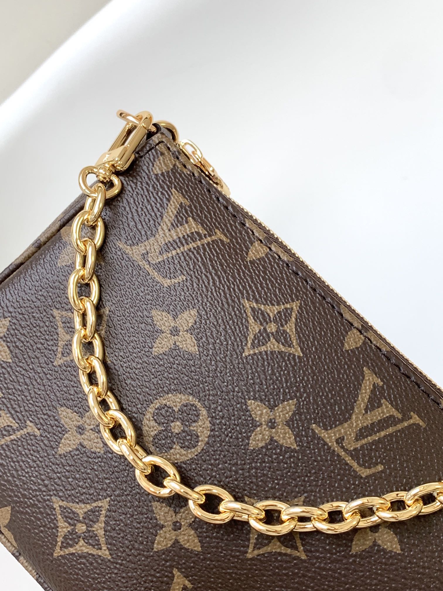 Louis Vuitton Brown Monogram Canvas Pochette Shoulder Bag with Gold Chain