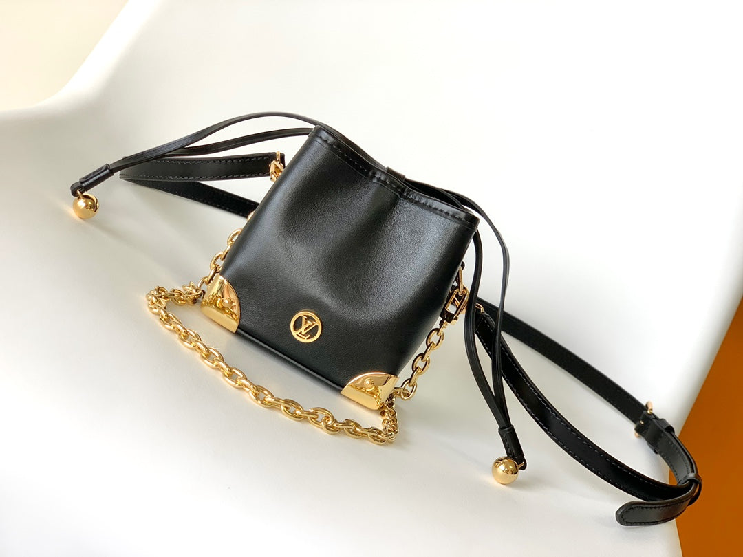 Louis Vuitton Black Leather Bucket Handbag with Gold-Tone Hardware & Chain