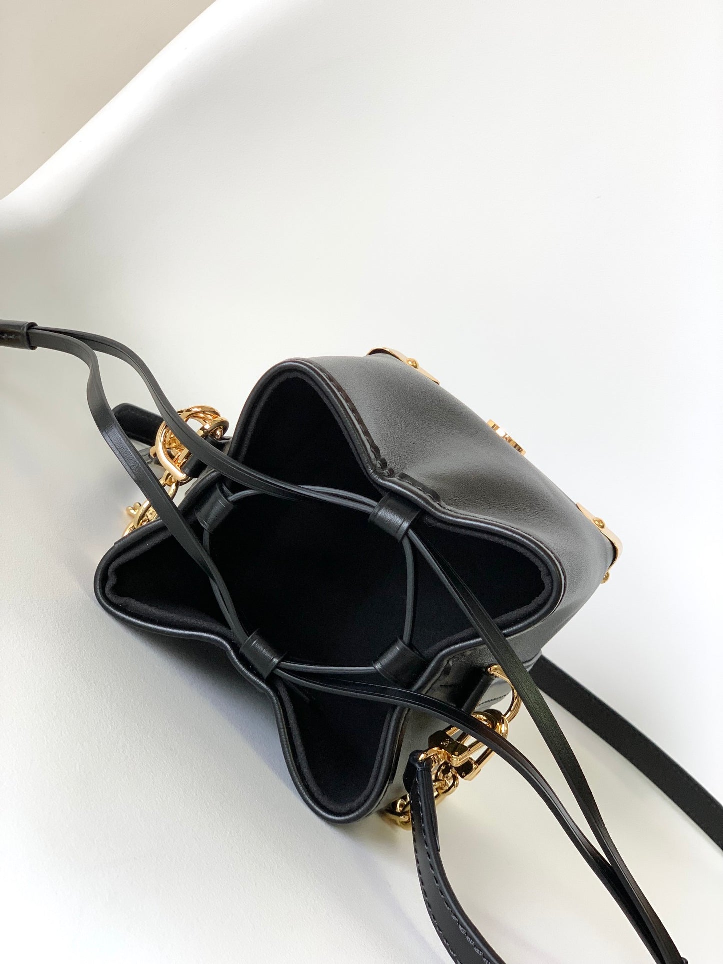 Louis Vuitton Black Leather Bucket Handbag with Gold-Tone Hardware & Chain