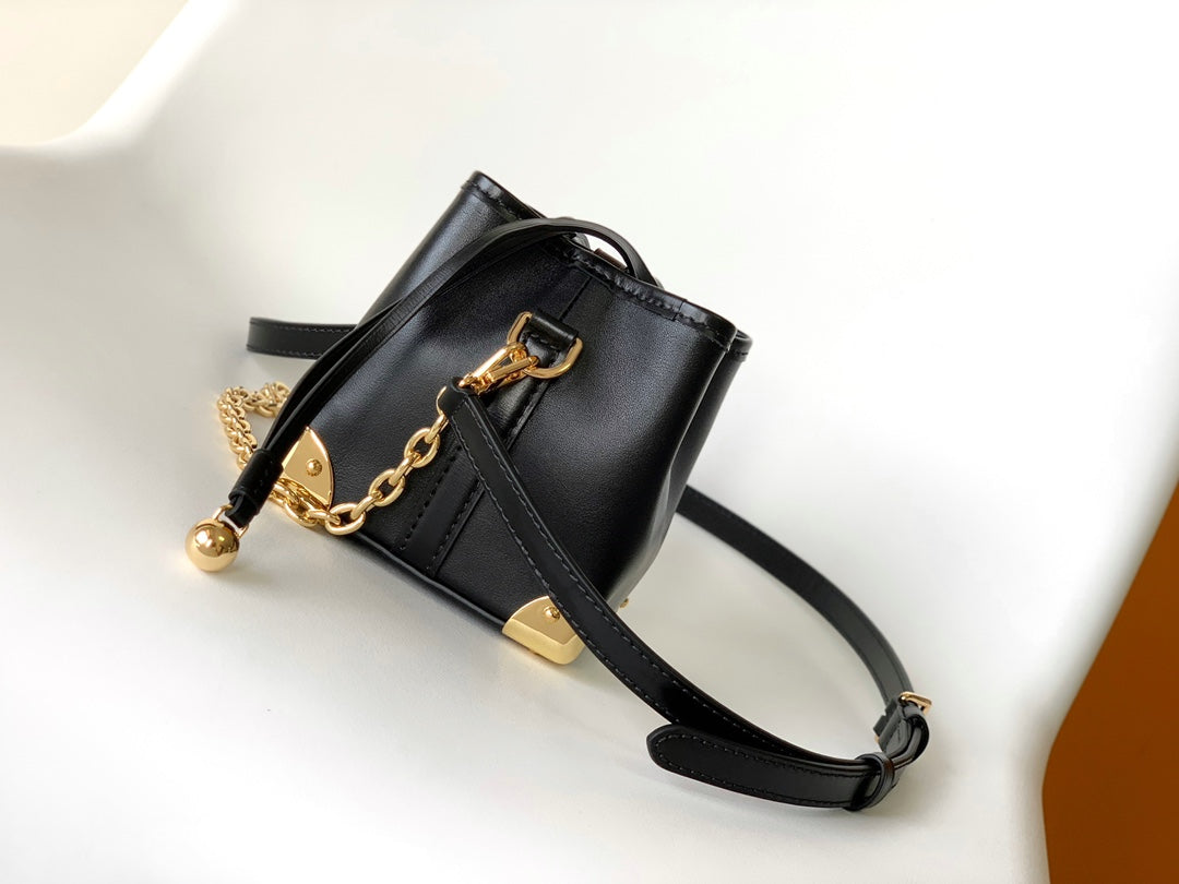 Louis Vuitton Black Leather Bucket Handbag with Gold-Tone Hardware & Chain