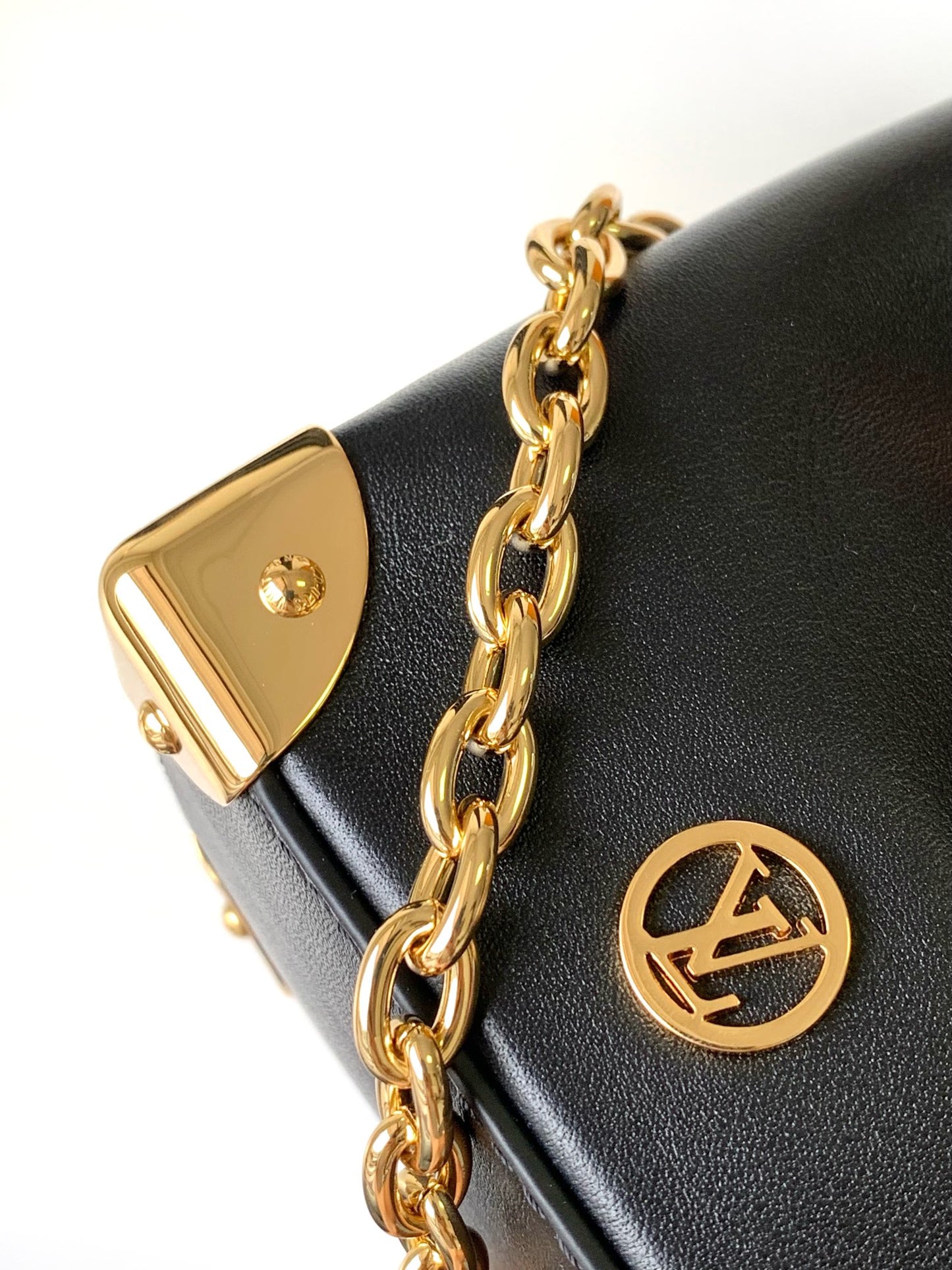 Louis Vuitton Black Leather Bucket Handbag with Gold-Tone Hardware & Chain