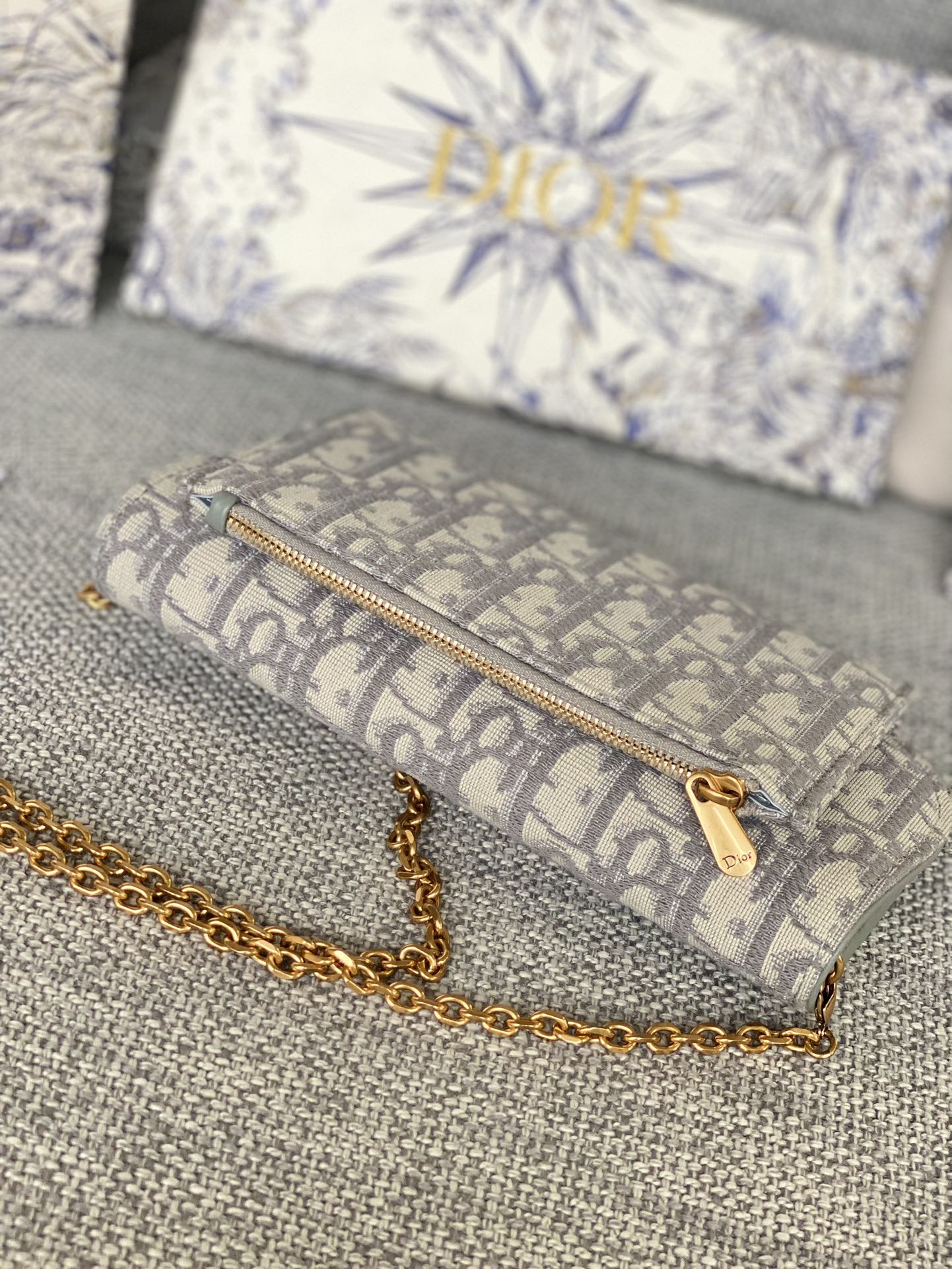 Luxury Oblique Monogram Pouch on Chain with Celestial Gift Bag Set - Blue and White