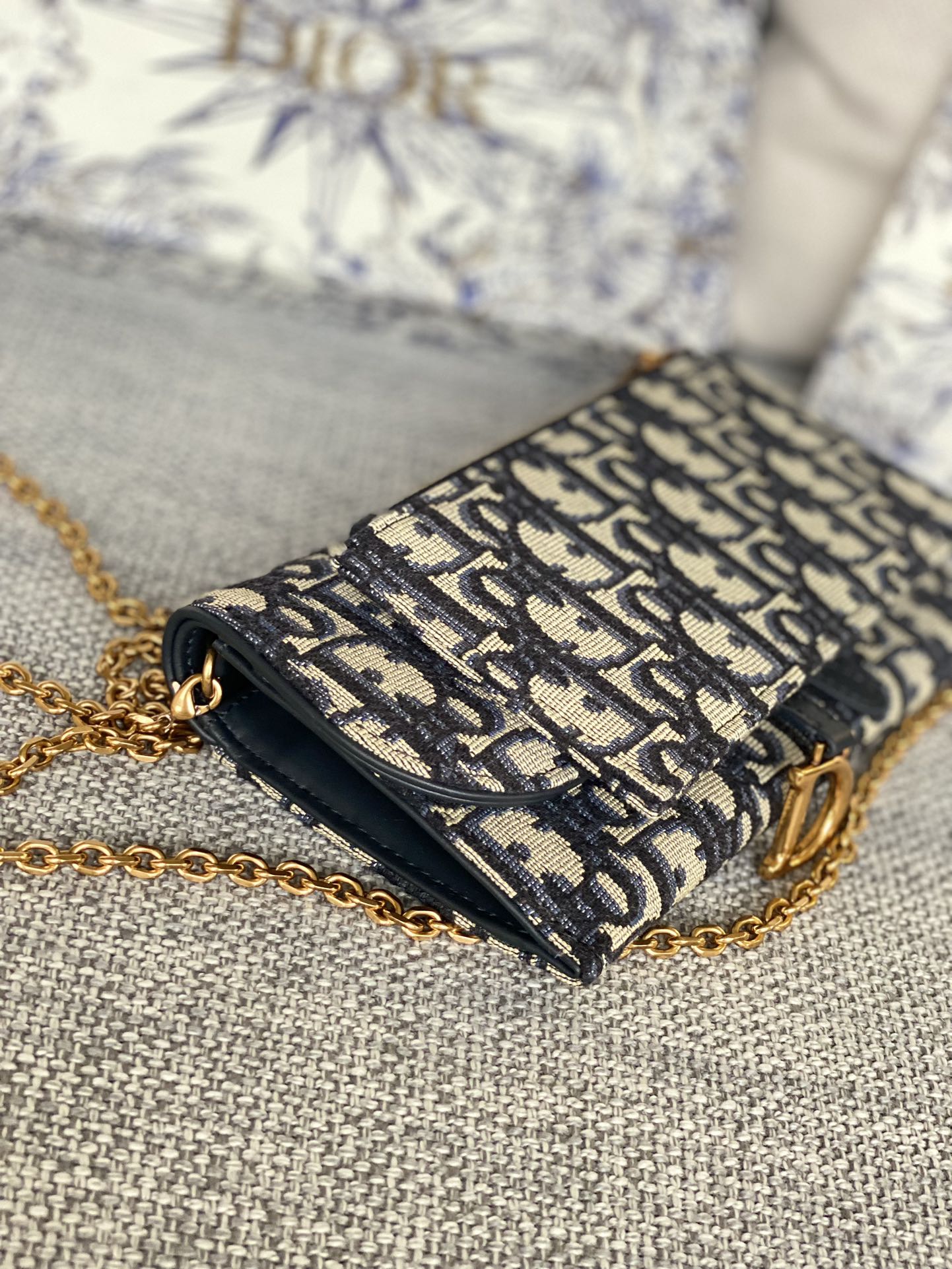 Christian Dior Blue Oblique Jacquard Pouch with Gold Chain Strap and Packaging