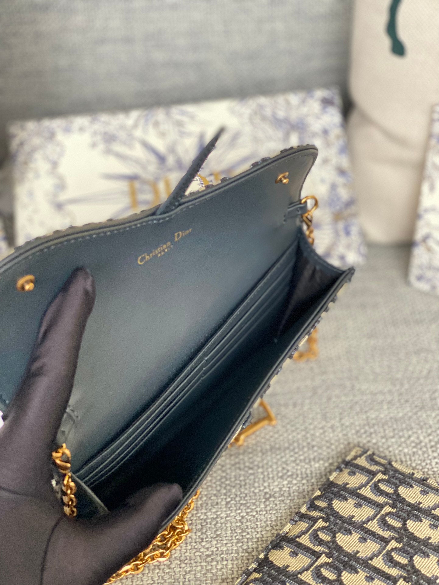 Christian Dior Blue Oblique Jacquard Pouch with Gold Chain Strap and Packaging