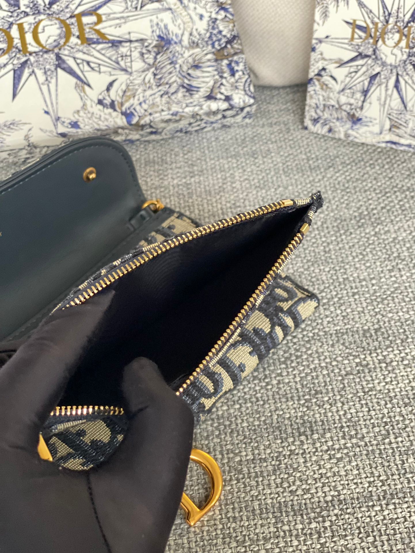 Christian Dior Blue Oblique Jacquard Pouch with Gold Chain Strap and Packaging