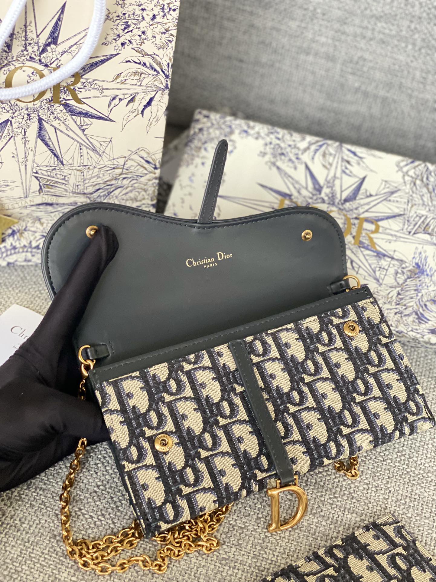 Christian Dior Blue Oblique Jacquard Pouch with Gold Chain Strap and Packaging