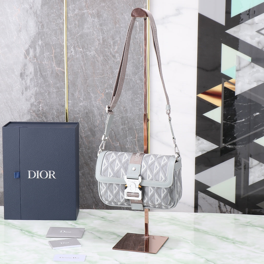 Dior Grey Geometric Print Crossbody Messenger Bag with Utility Buckle