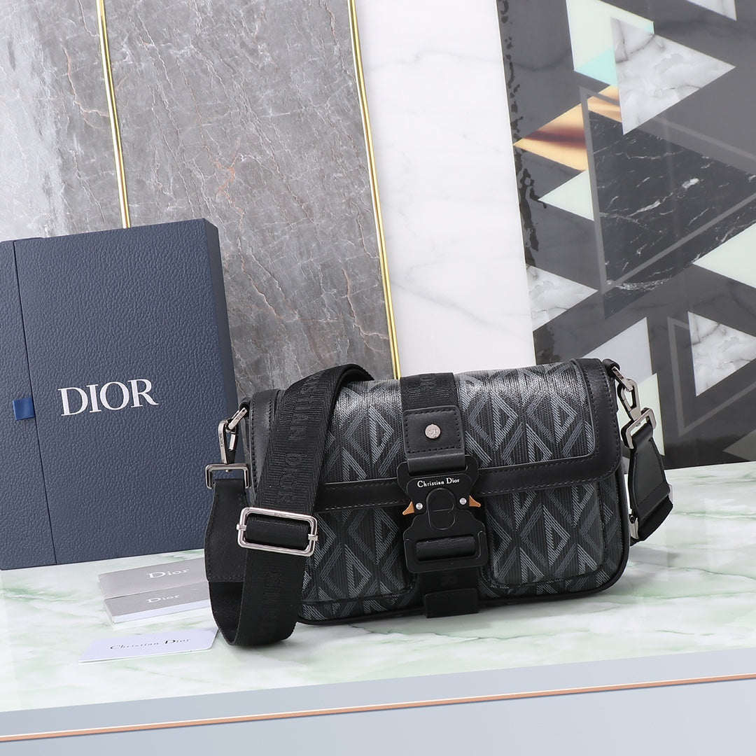 Dior Black CD Diamond Canvas Messenger Bag with Adjustable Strap