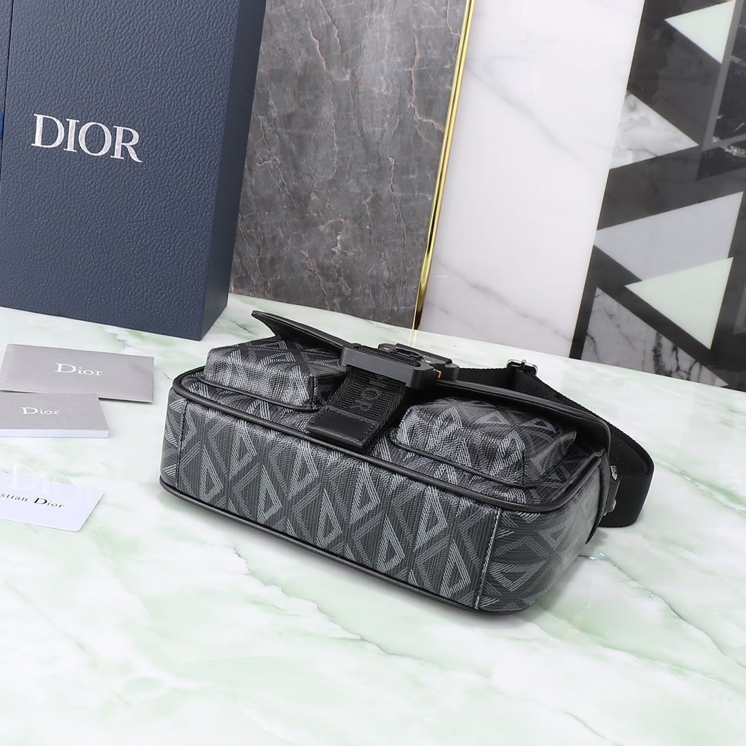 Dior Black CD Diamond Canvas Messenger Bag with Adjustable Strap