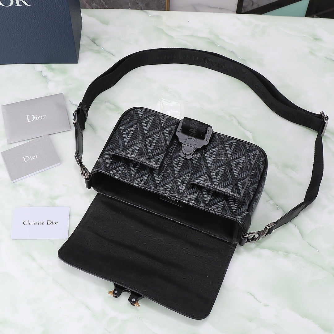 Dior Black CD Diamond Canvas Messenger Bag with Adjustable Strap