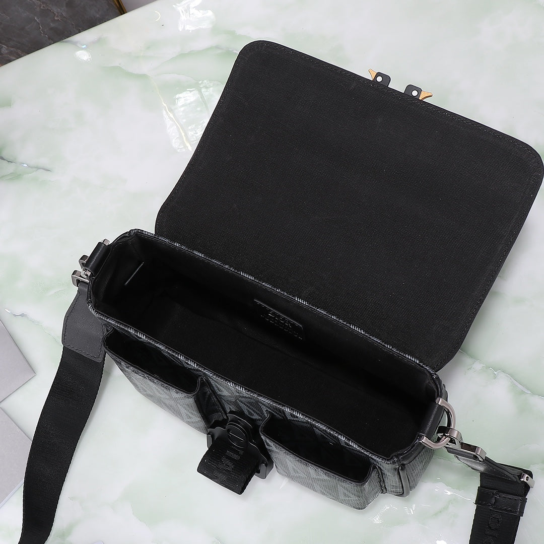 Dior Black CD Diamond Canvas Messenger Bag with Adjustable Strap