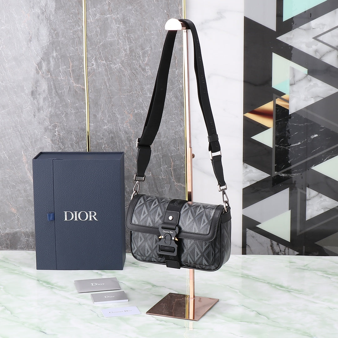 Dior Black CD Diamond Canvas Messenger Bag with Adjustable Strap