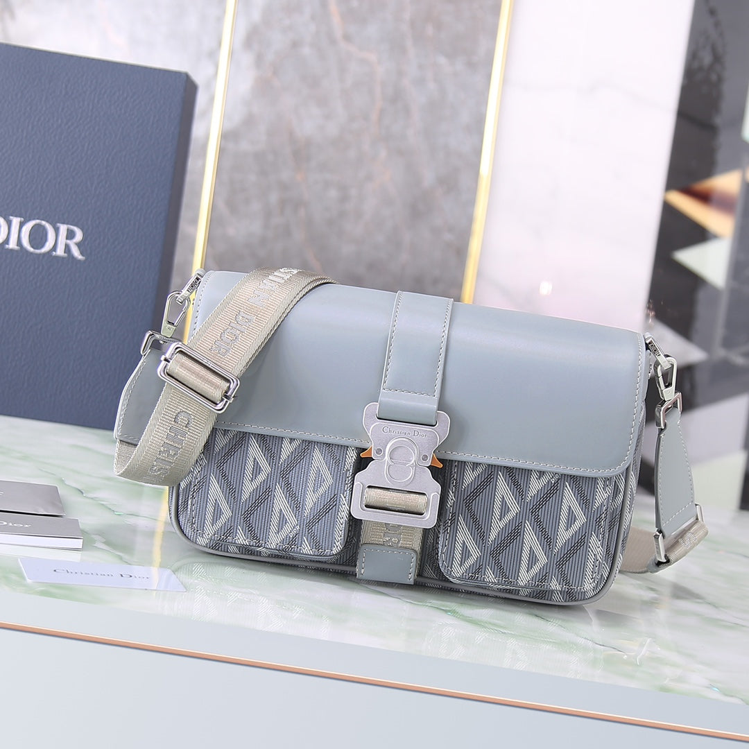 Dior Lingot 22 Messenger Bag - CD Diamond Canvas & Smooth Calfskin Grey/Blue