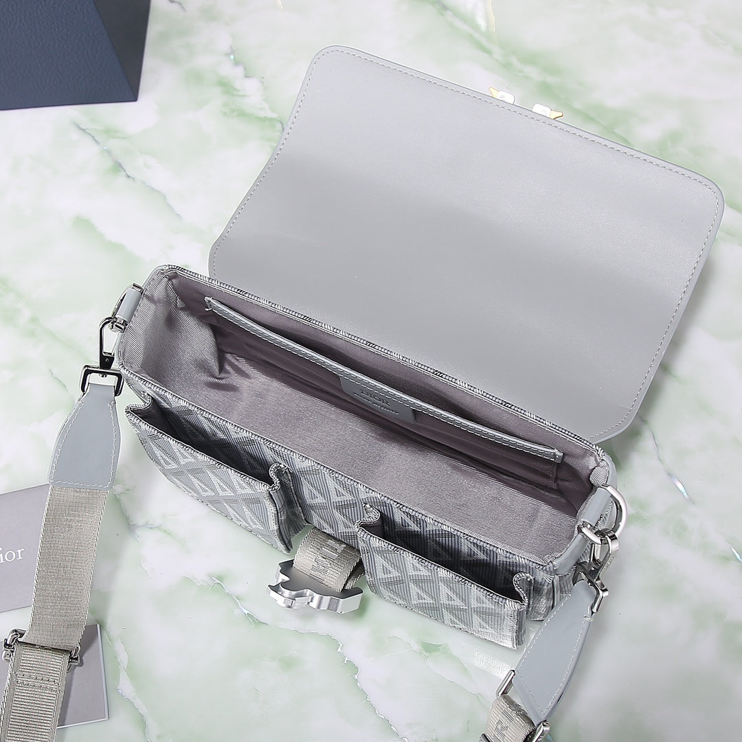 Dior Lingot 22 Messenger Bag - CD Diamond Canvas & Smooth Calfskin Grey/Blue