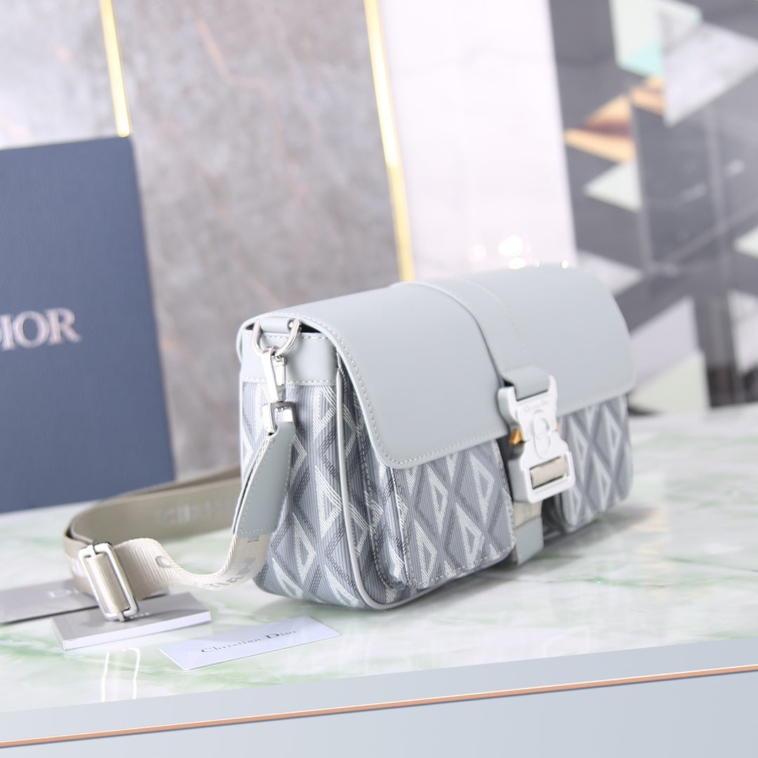 Dior Lingot 22 Messenger Bag - CD Diamond Canvas & Smooth Calfskin Grey/Blue