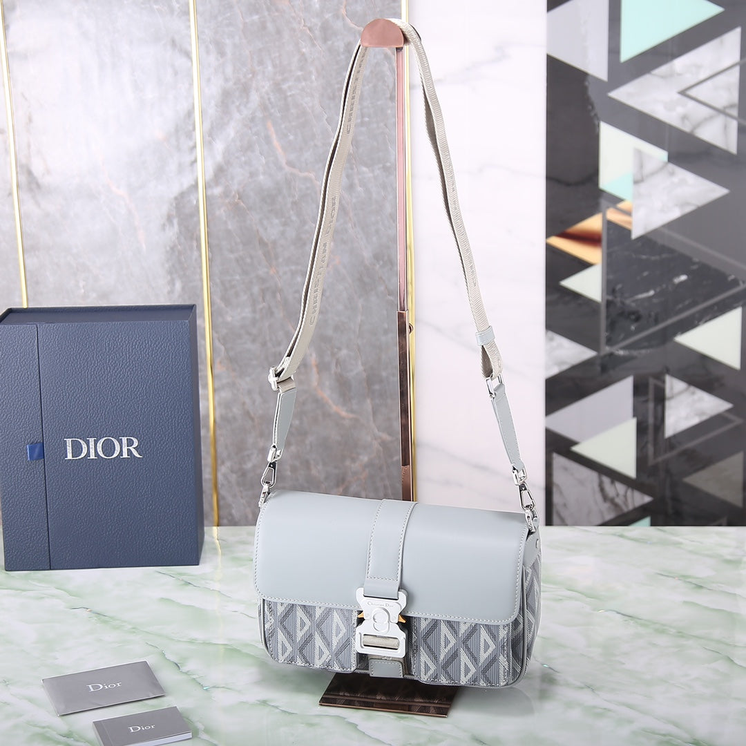 Dior Light Blue Geometric Canvas Crossbody Bag with Metal Buckle