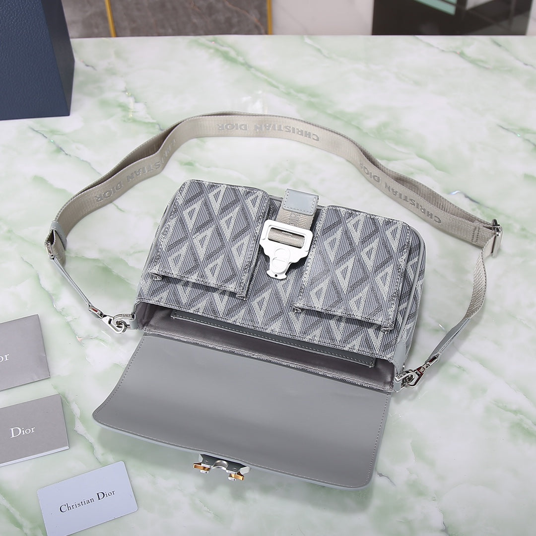 Dior Lingot 22 Messenger Bag - CD Diamond Canvas & Smooth Calfskin Grey/Blue