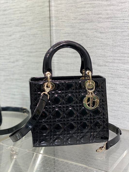 Christian Dior Lady Dior Small Handbag Black Cannage Patent Leather