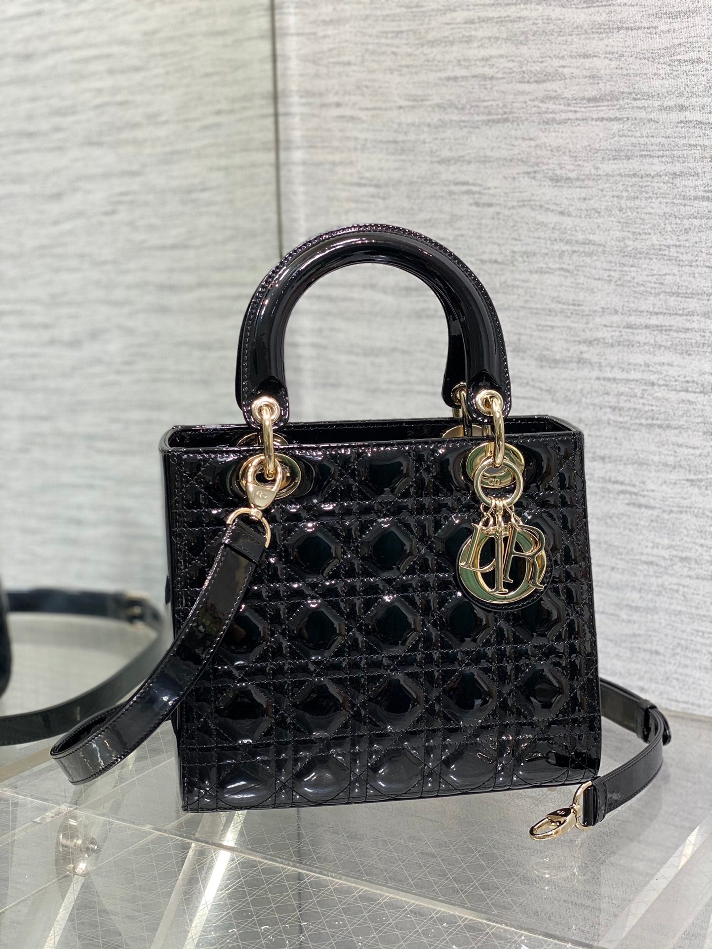 Lady Dior Mini Bag - Black Cannage Patent Calfskin with Gold-Tone Hardware