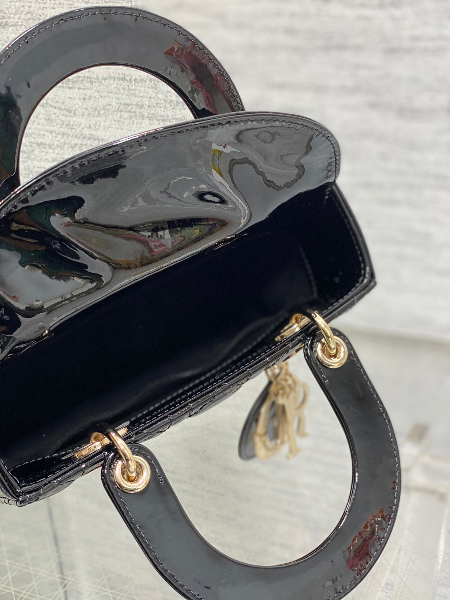 Dior Elegant Black Patent Quilted Mini Tote Bag with Gold Tone Hardware