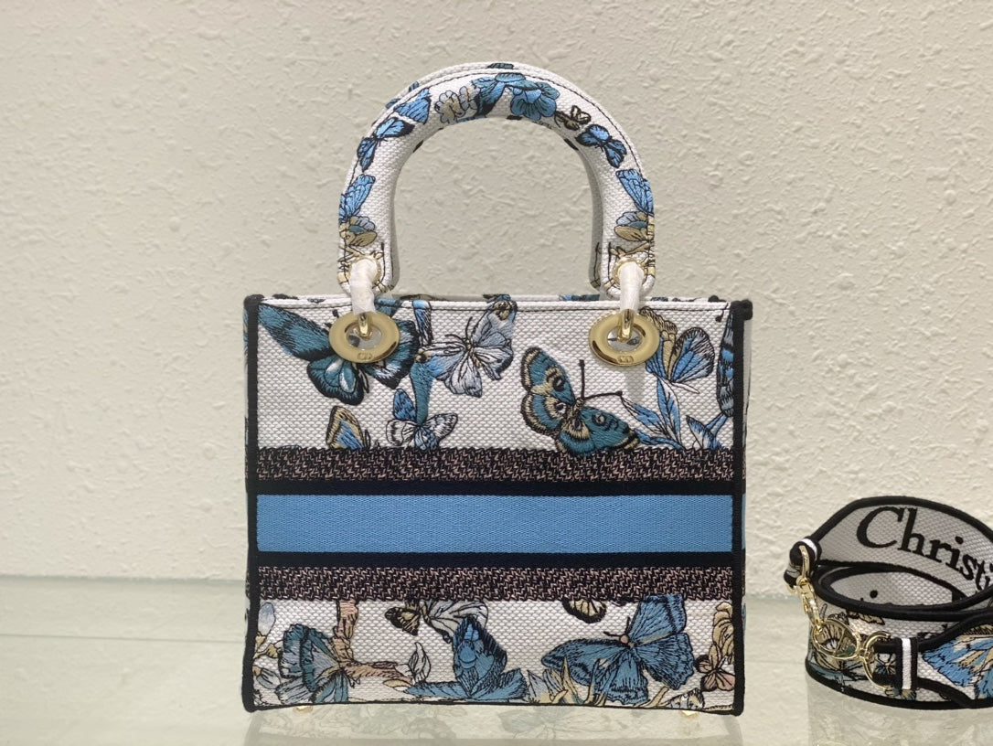 Christian Dior Mini Lady D-Lite Bag with White and Blue Butterfly Embroidery