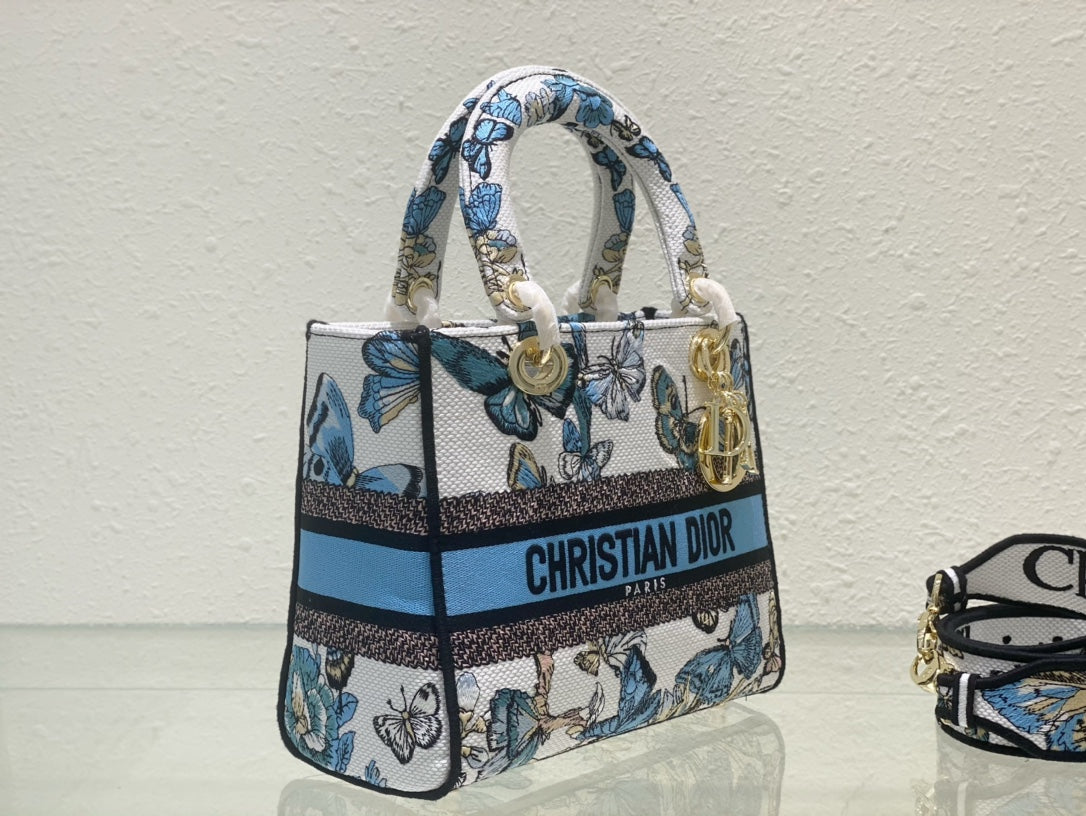 Christian Dior Mini Lady D-Lite Bag with White and Blue Butterfly Embroidery