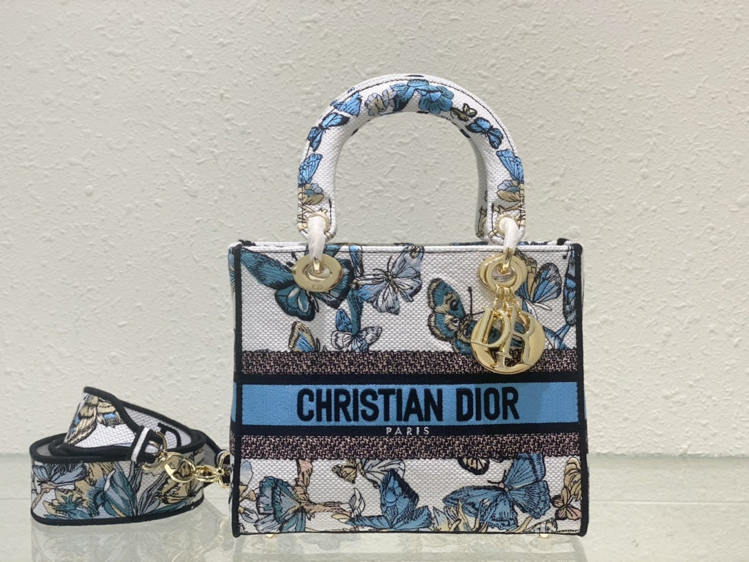 Christian Dior Mini Lady D-Lite Bag with White and Blue Butterfly Embroidery