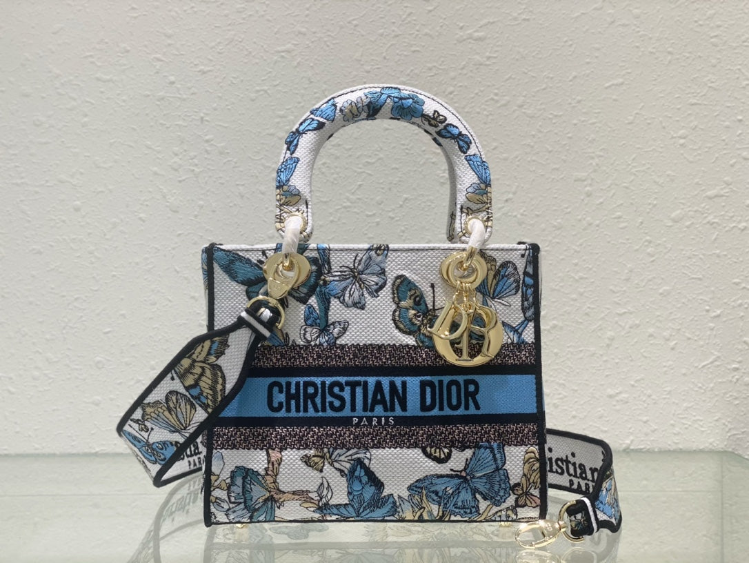 Christian Dior Mini Lady D-Lite Bag with White and Blue Butterfly Embroidery