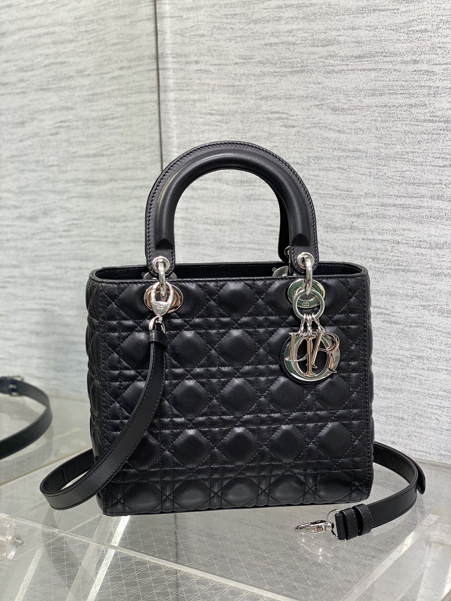 Lady Dior Mini Bag in Black Cannage Lambskin with Silver-Finish Metal Charms
