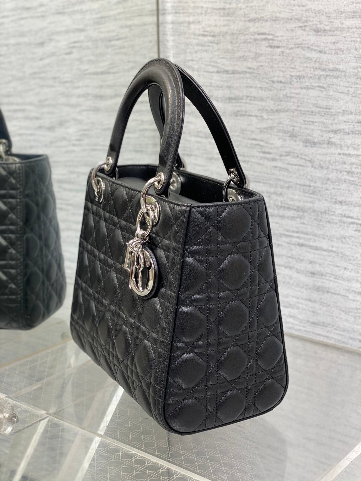 Lady Dior Mini Bag in Black Cannage Lambskin with Silver-Finish Metal Charms