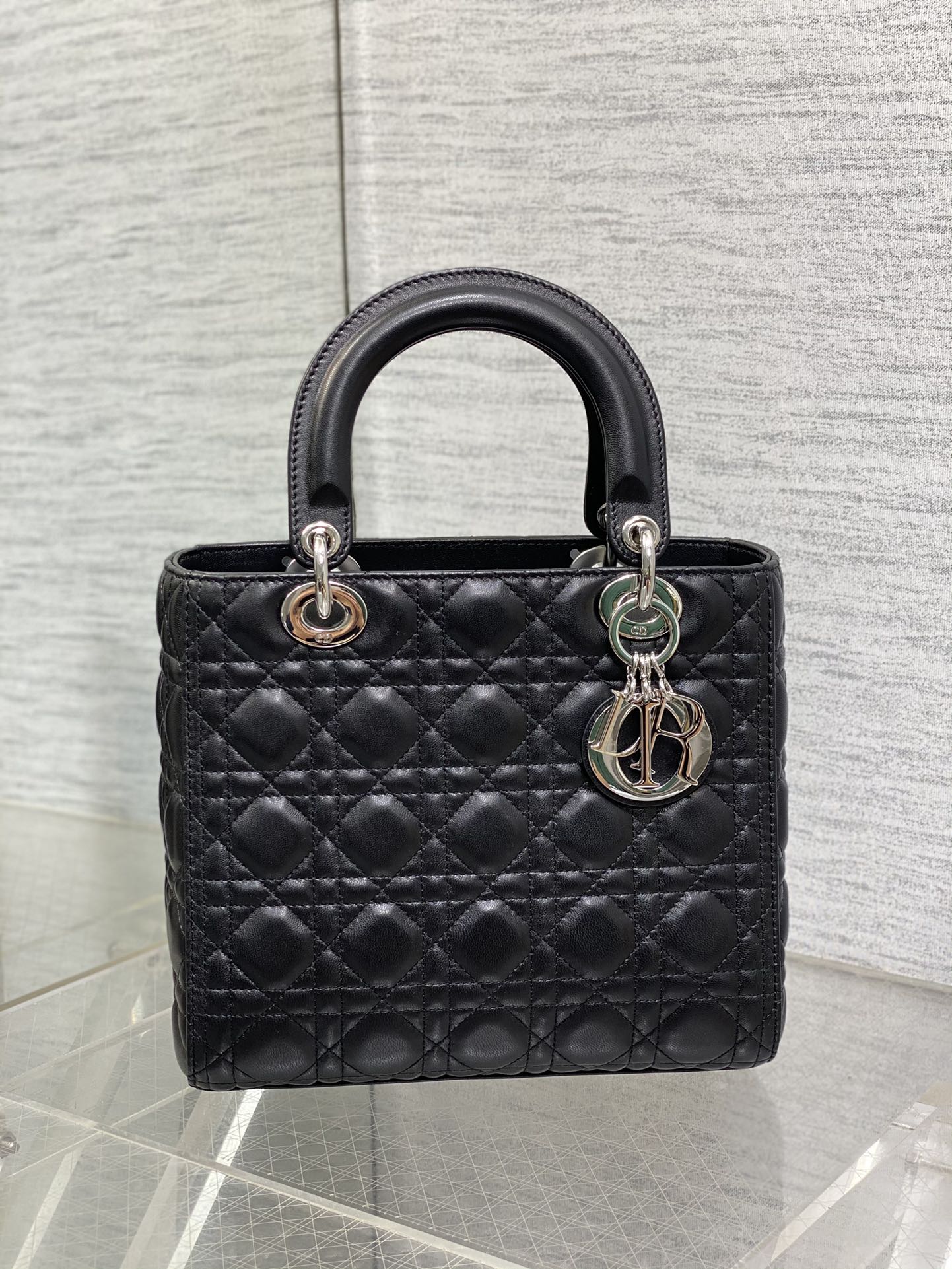 Lady Dior Mini Bag in Black Cannage Lambskin with Silver-Finish Metal Charms