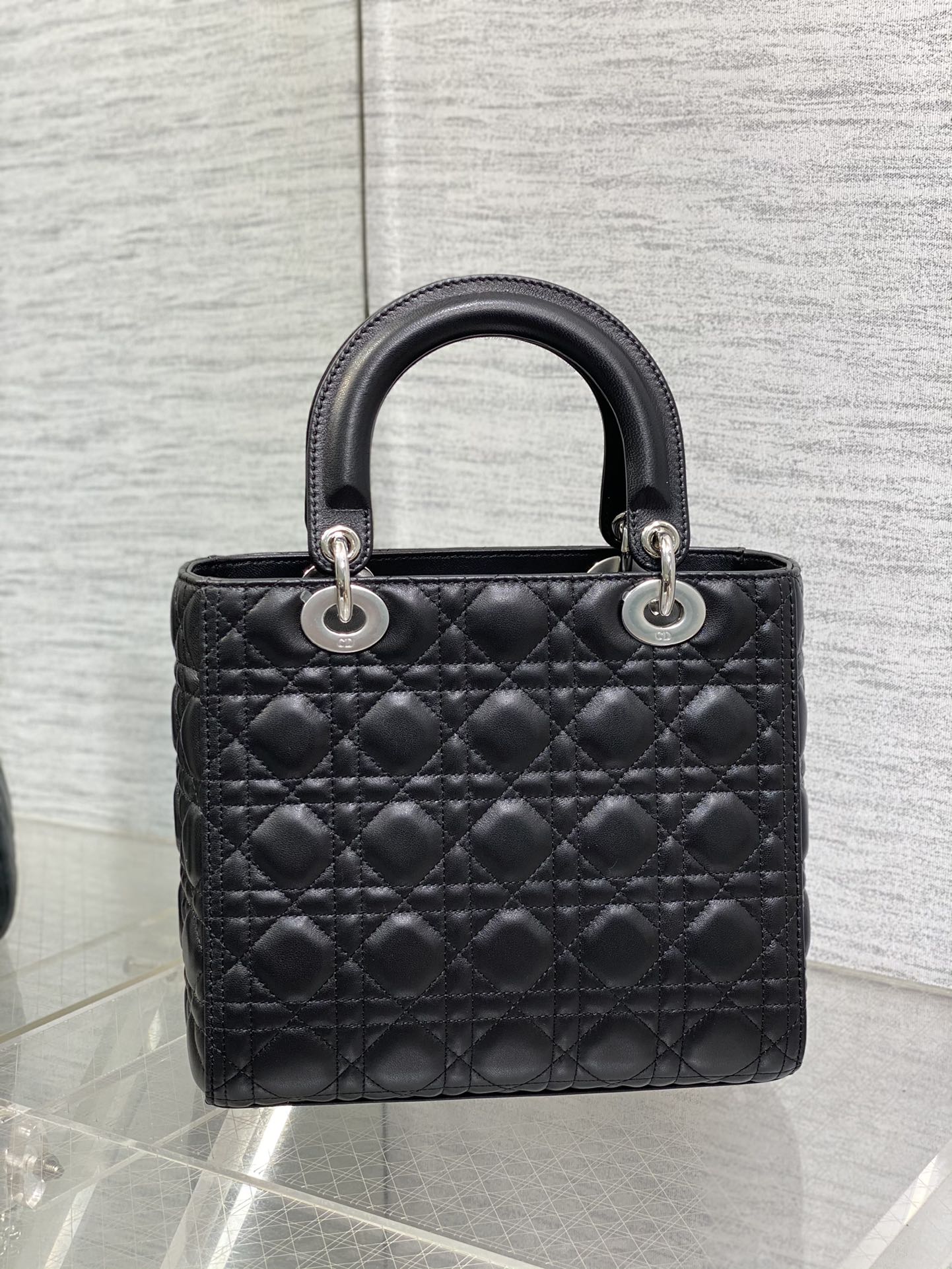 Lady Dior Mini Bag in Black Cannage Lambskin with Silver-Finish Metal Charms