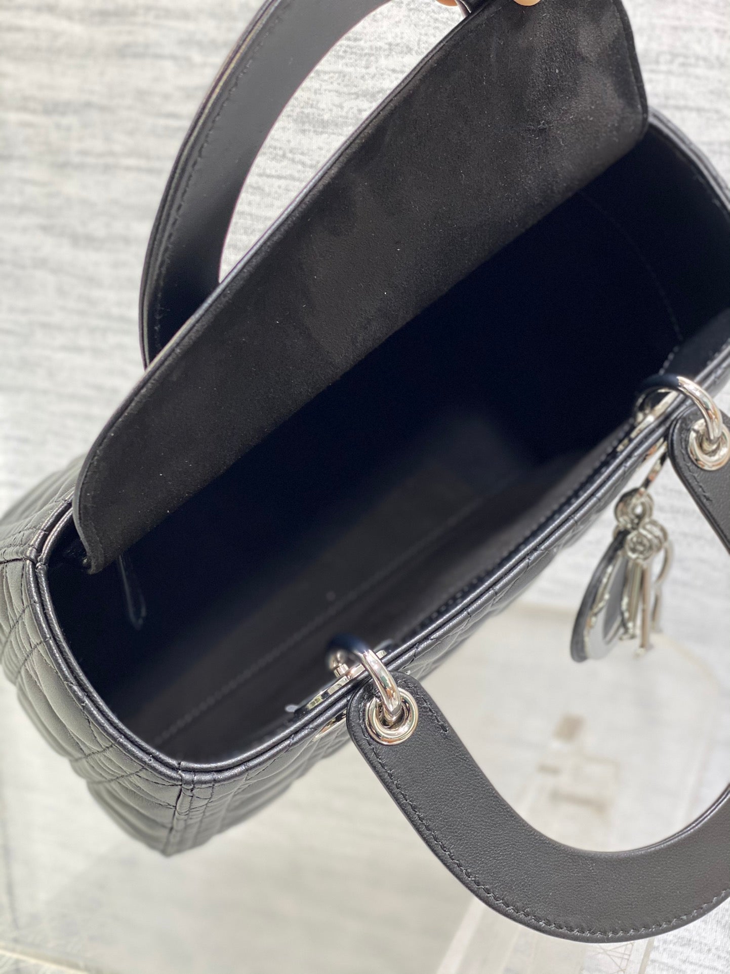 Lady Dior Mini Bag in Black Cannage Lambskin with Silver-Finish Metal Charms