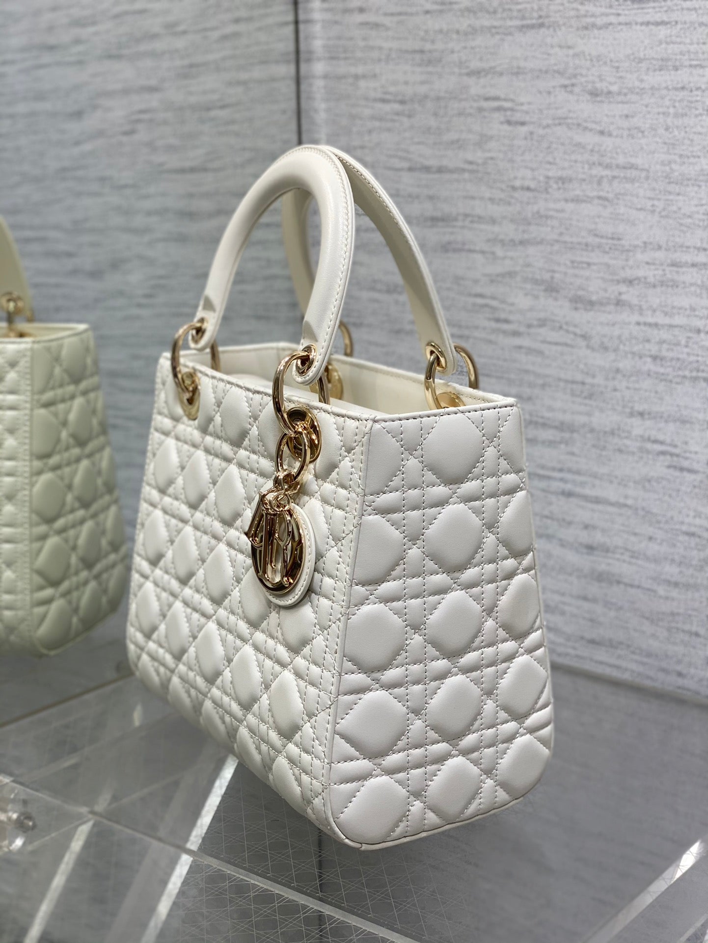 Small Lady Dior Bag - White Cannage Lambskin with Gold-Finish Metal Charms