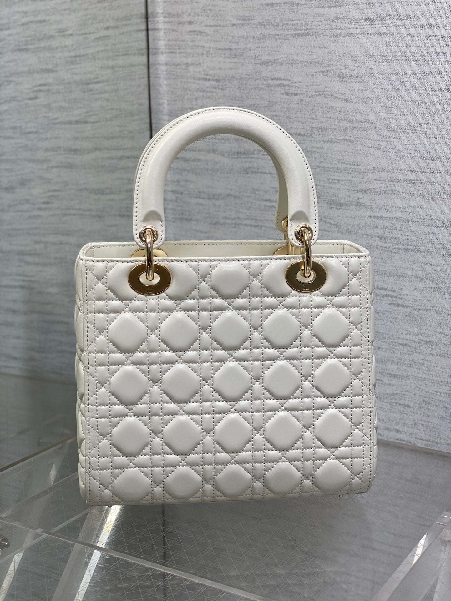 Small Lady Dior Bag - White Cannage Lambskin with Gold-Finish Metal Charms