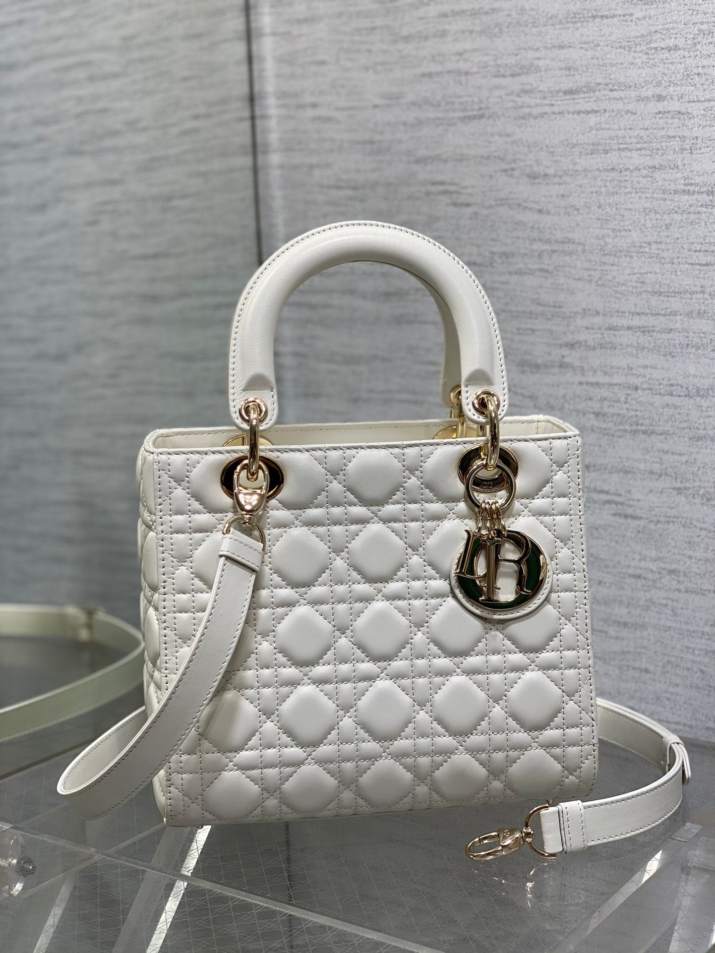 Small Lady Dior Bag - White Cannage Lambskin with Gold-Finish Metal Charms