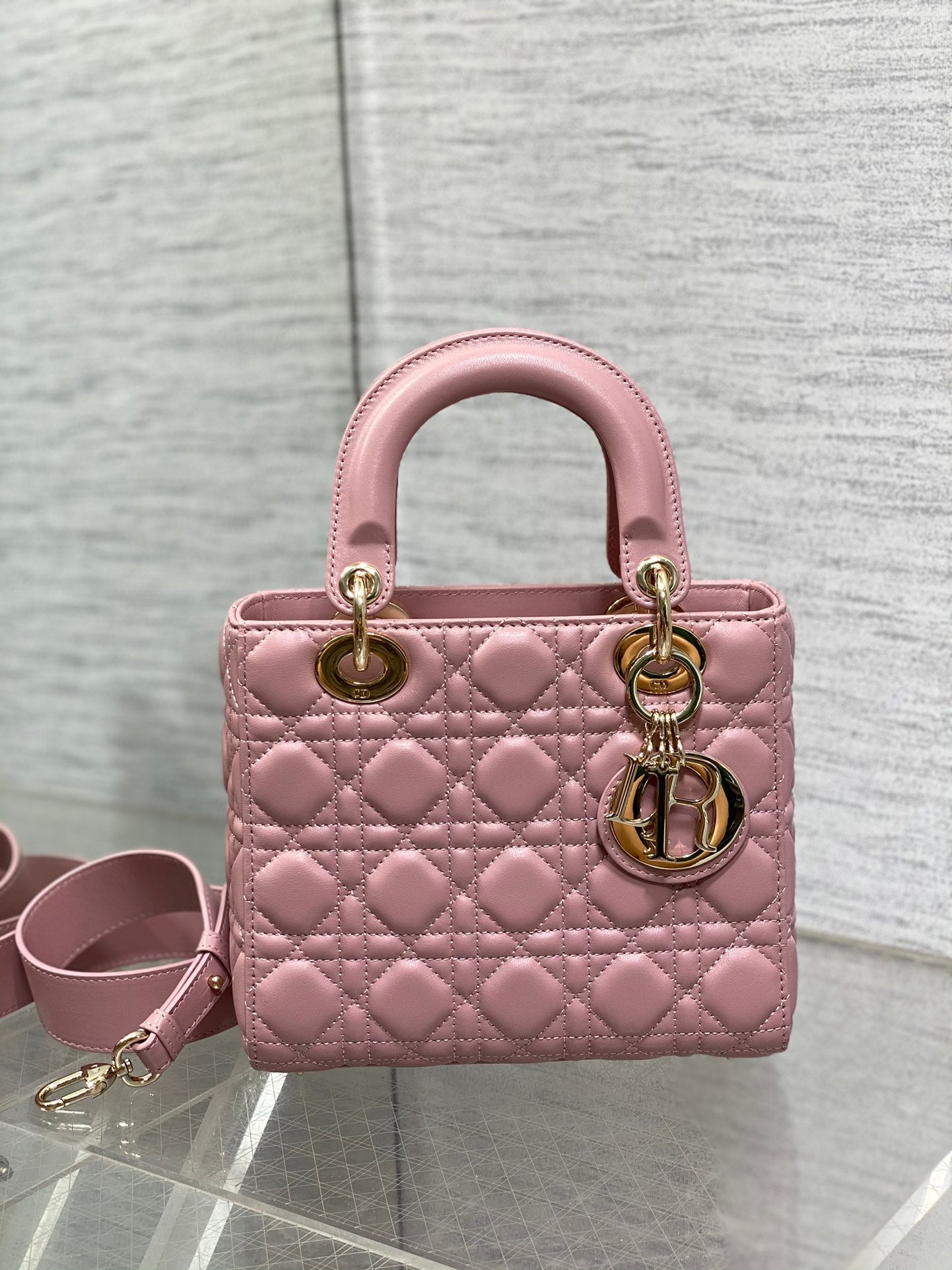 Dior Elegant Pink Quilted Leather Top Handle Handbag with Shoulder Strap