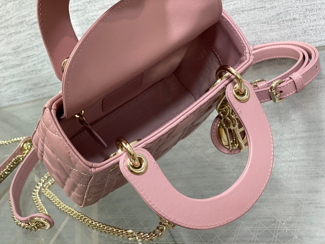 Lady Dior Mini Bag Pink Cannage Lambskin with Gold-Finish Charms