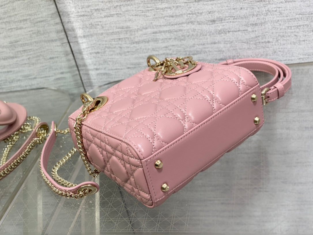 Lady Dior Mini Bag Pink Cannage Lambskin with Gold-Finish Charms