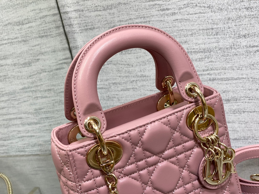 Lady Dior Mini Bag Pink Cannage Lambskin with Gold-Finish Charms