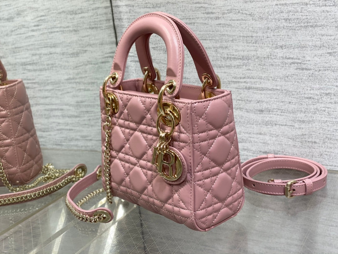 Lady Dior Mini Bag Pink Cannage Lambskin with Gold-Finish Charms