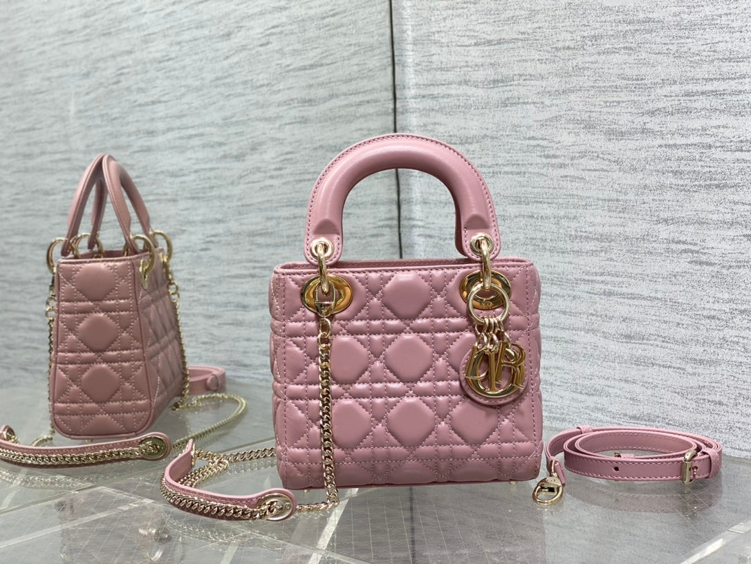 Lady Dior Mini Bag Pink Cannage Lambskin with Gold-Finish Charms
