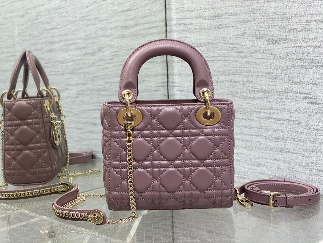 Christian Dior Mini Lady Dior Bag in Pearlescent Mauve Cannage Lambskin