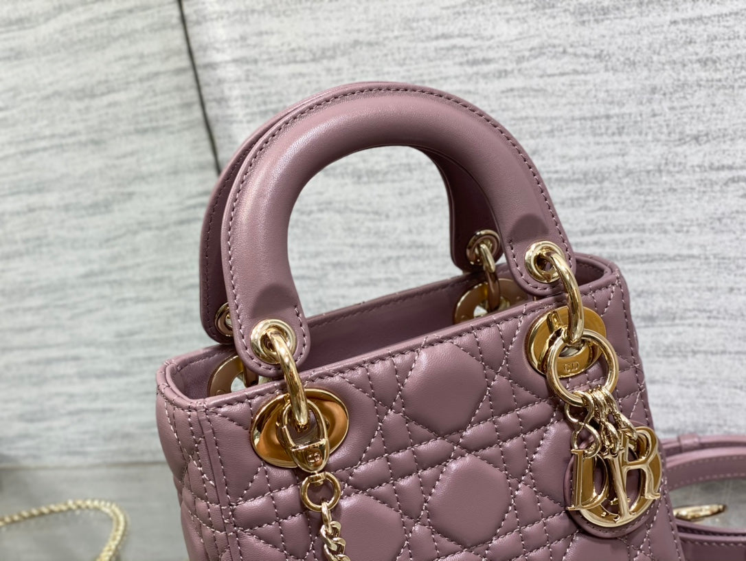 Dior Purple Quilted Leather Handbag with Top Handle and Chain Strap