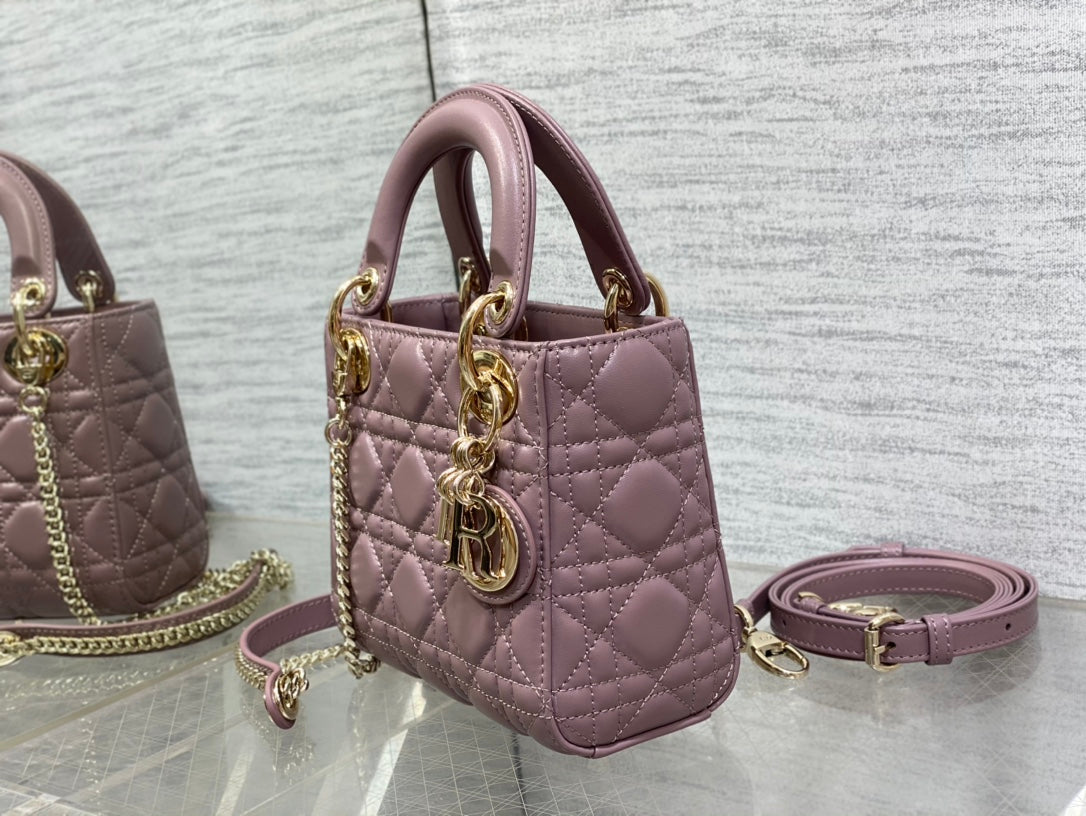 Dior Purple Quilted Leather Handbag with Top Handle and Chain Strap