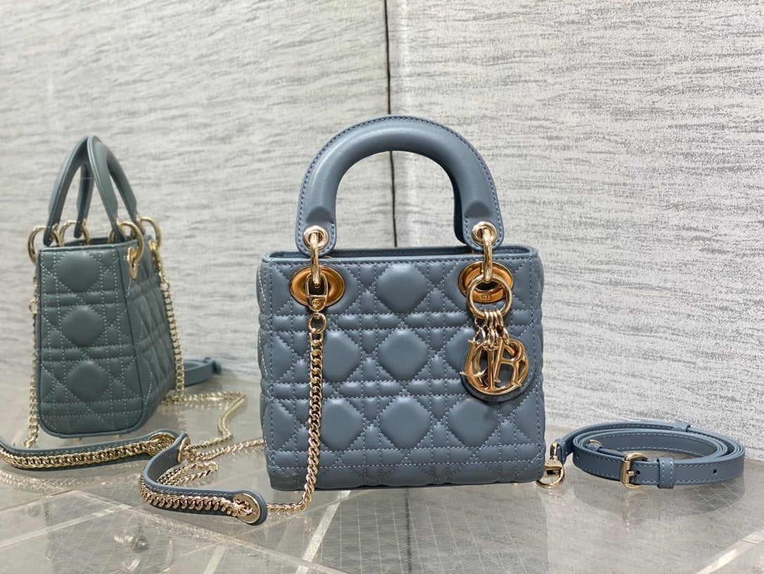 Dior Dusty Blue Quilted Leather Mini Top Handle Crossbody Handbag