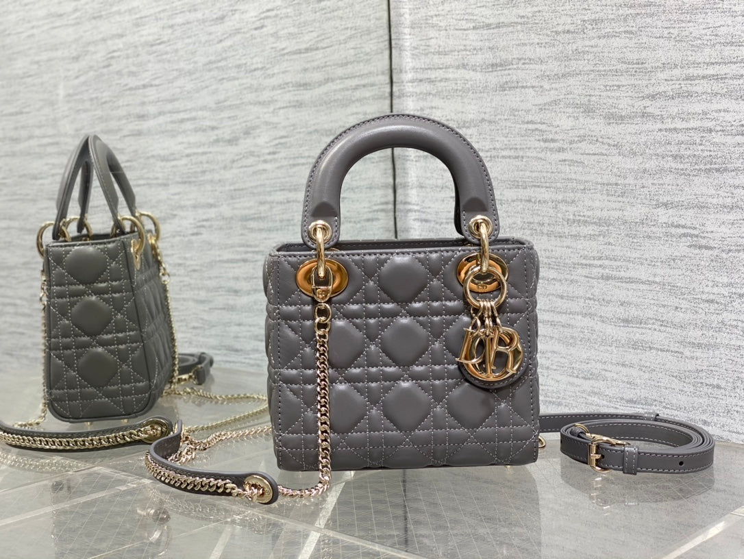 Lady Dior Mini Grey Quilted Cannage Leather Handbag with Gold-Tone Hardware