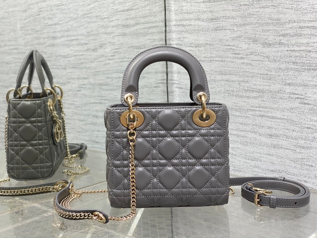 Lady Dior Mini Grey Quilted Cannage Leather Handbag with Gold-Tone Hardware
